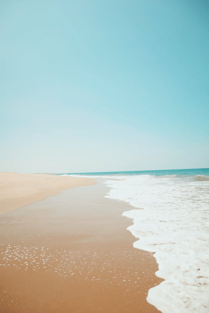 gallery-5 Peaceful beach scene with waves gently lapping at the shore under a clear sky.